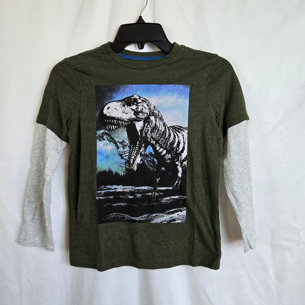 Old Navy Boys Olive Green T-Rex Dinosaur Colorblock Long Sleeve Tee Medium 8